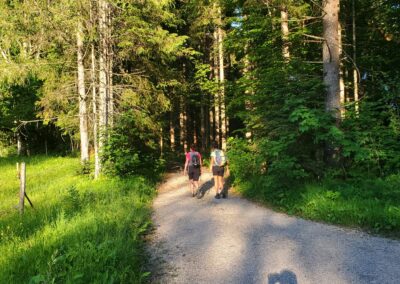 Two People Walking On A Trail In The Woods